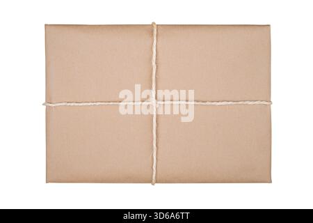 Craft Brown Gift Box Tied with Rope Isolated on White Background, Clipping Path Included Stock Photo
