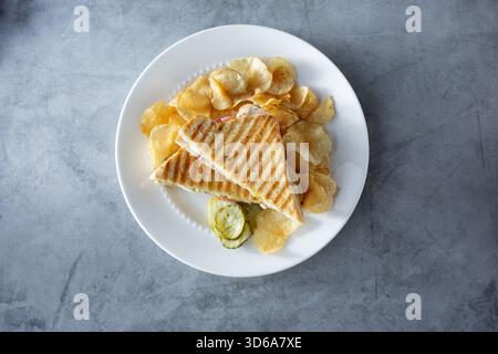 A top down view of a panini press textured sandwich. Stock Photo