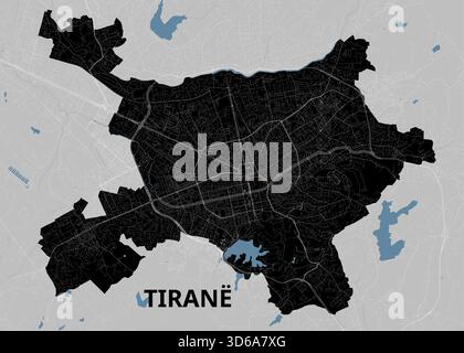 This image shows a detailed map of Tirana, Albania. The city's layout is depicted in black against a light gray background. Stock Vector