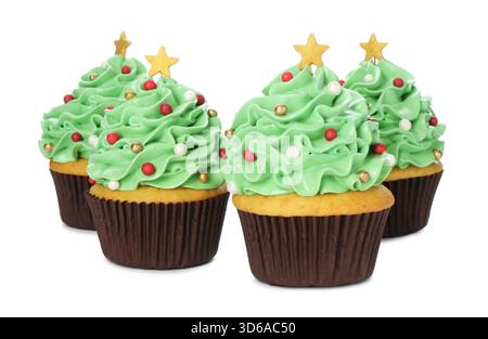 Christmas tree shaped cupcakes isolated on white Stock Photo