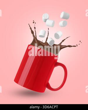 Fresh marshmallows falling into cup with hot cocoa on pink background Stock Photo