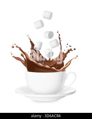 Fresh marshmallows falling into cup with hot cocoa on white background Stock Photo