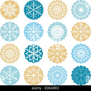 Blue and gold vector circle snowflake tags or stickers for Christmas designs Stock Vector