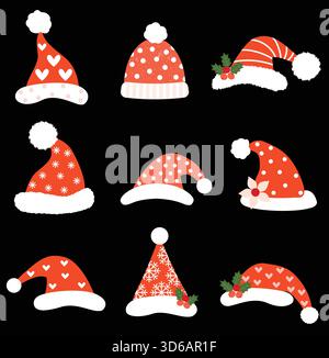 Funny Christmas vector set with Santa hats in red and white wih dots, stripes and snowflakes for holiday graphic design Stock Vector