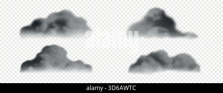 Dark gray realistic clouds. Set of black smoke and fog isolated on white background Stock Vector