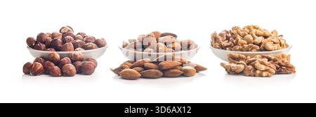 Peeled walnut, hazelnut and almond kernels isolated on a white background. Stock Photo
