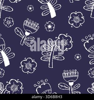 Outline Floral Seamless Pattern. Hand-Drawn Ornament with White Linear Flowers on Dark Blue Background. Template Textured Drawing doodle. Vector illus Stock Vector