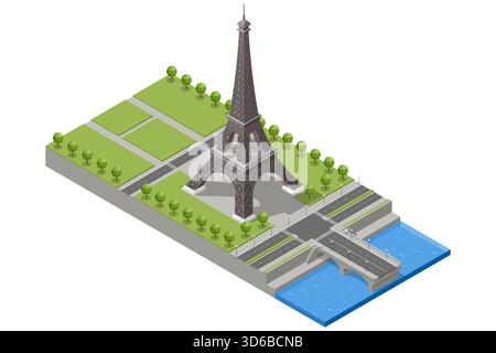 Isometric view of the Eiffel Tower with surrounding park, roads, bridge and river, showing classic Paris architecture in a European old-city landmark Stock Vector