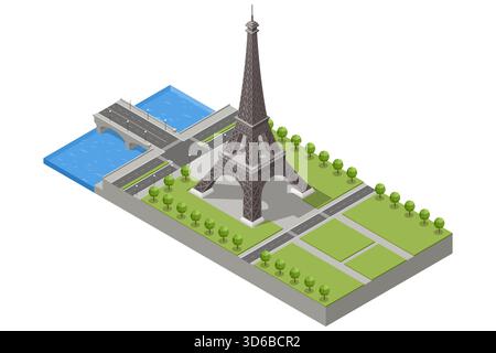 Isometric illustration of the Eiffel Tower from a different angle with bridge, river and green park zones, highlighting classic European architecture Stock Vector