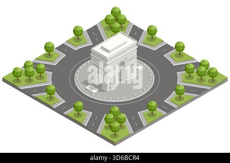 Isometric illustration of the Arc de Triomphe in Paris with a large roundabout, roads and green areas, showing classic European architecture in an old Stock Vector