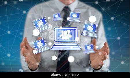 Video conference concept between hands of a man in background Stock Photo