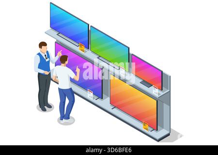 Isometric illustration of a shopper selecting a television in an electronics store, surrounded by various TV models on display shelves while a sales Stock Vector