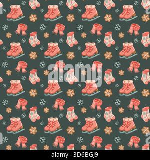 Seamless winter pattern with ice skates, mittens, scarves, snowflakes and gingerbread cookies on grey background. Vector holiday print Stock Vector