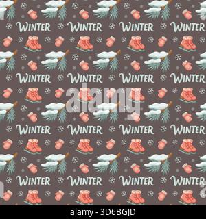 Seamless winter pattern with mittens, ice skates and snowy pine twigs. Vector cozy seasonal background.  Stock Vector