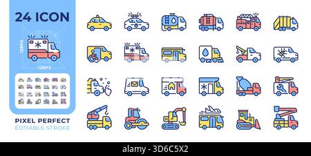 Service vehicles pixel perfect line color icons set Stock Vector