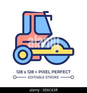 Road roller pixel perfect line color icon Stock Vector