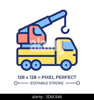 Mobile crane truck pixel perfect line color icon Stock Vector