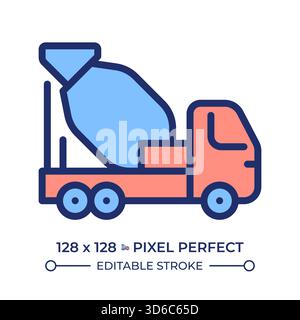 Concrete mixer truck pixel perfect line color icon Stock Vector