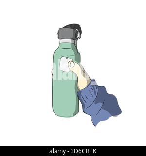 closeup hand holding stainless steel water bottle with tea bag inside illustration vector hand drawn with black lines Stock Vector