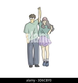 man and woman holding hands up together illustration vector hand drawn with black lines Stock Vector