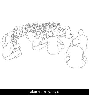 group of people sitting together illustration vector hand drawn with black lines Stock Vector