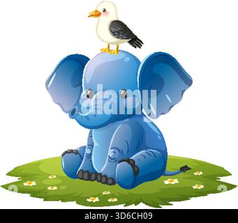 Cartoon baby elephant sitting on grass, bird perched on head, bright colors, vector illustration Stock Vector