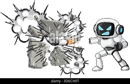 White cartoon robot smashes concrete wall, dynamic comic style, bold lines, vibrant colors Stock Vector