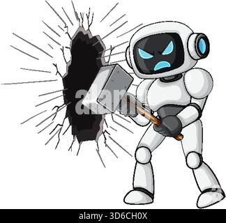 Cartoon robot breaks wall using sledgehammer, bold lines, white background, dynamic composition Stock Vector