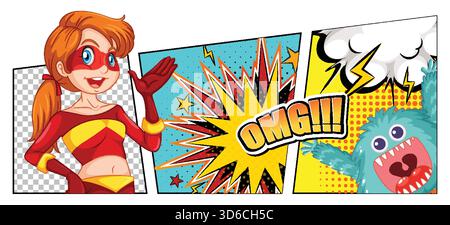 Comic-style vector of red-haired female superhero, explosion, lightning, and surprised blue monster with bold text. Stock Vector