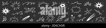 Cartoon speed effect comic line element set. Hand drawn doodle sketch boom burst, bomb smoke, explosion cloud cartoon elements. Comic speed effect, power flash, explosive shapes. Vector illustration Stock Vector