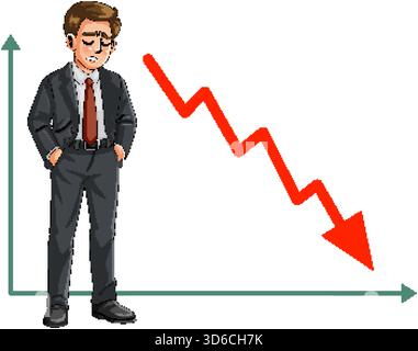 Cartoon businessman in suit, hands in pockets, beside declining red arrow line graph Stock Vector