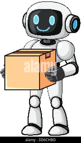 Friendly robot character holding a cardboard box, flat vector illustration, white background, full body Stock Vector