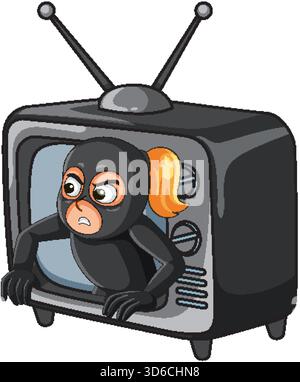 Vector cartoon of masked female burglar climbing out of vintage TV, bold lines, flat colors Stock Vector