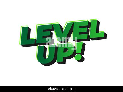 3D text graphic with the phrase LEVEL UP! in bold green letters with a shadow effect. Stock Vector