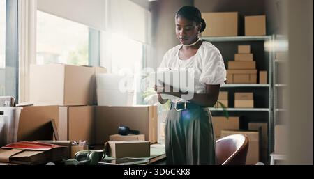 Distribution, clipboard and black woman with planning, writing and logistics with checklist for stock. African person, paperwork and entrepreneur with Stock Photo