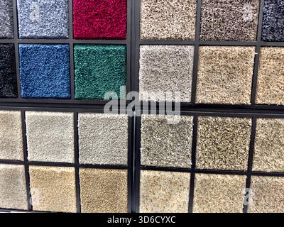 A view of a display of carpet samples, seen at a local retail store. Stock Photo