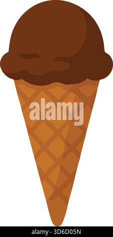 Illustration of a single scoop of chocolate ice cream on a waffle cone in a simple flat style. Stock Vector