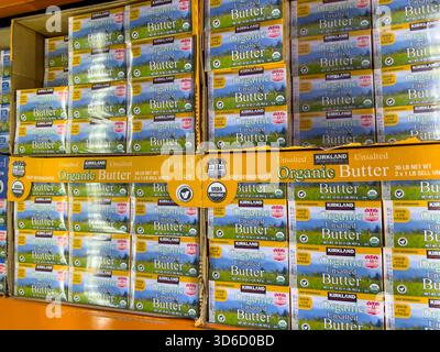 Los Angeles, California, United States - 05-05-2023: A view of several packages of Kirkland Signature organic unsalted butter, at Costco. Stock Photo