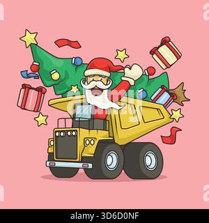 Cartoon Santa waving while driving a yellow mining truck loaded with Christmas trees and gifts for festive industrial themes. Stock Vector