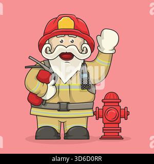 Cartoon firefighter in Santa costume waving beside a hydrant and holding an extinguisher, perfect for festive rescue themes Stock Vector