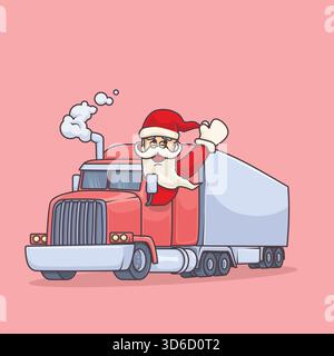 Santa cartoon driving a container truck and waving cheerfully in a festive Christmas trucker theme. Stock Vector