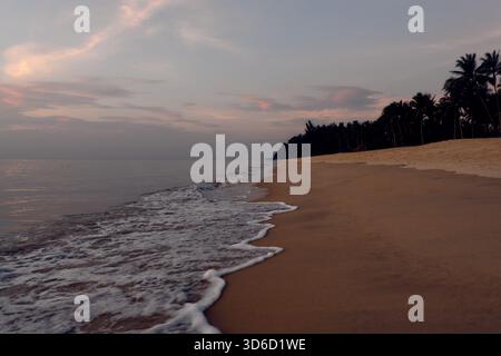 A quiet, empty tropical beach at dawn with gentle waves rolling onto smooth sand, perfect for sunrise travel and peaceful morning getaways. Stock Photo
