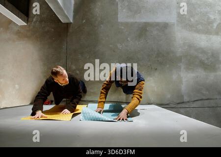 Young Adult Caucasian Man and Young Adult Black Man Collaborating on Project Stock Photo
