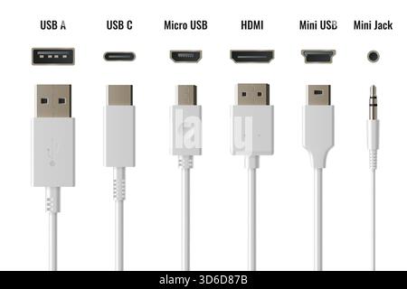 Mobile phone chargers and ports set isolated on white background. Vector realistic illustration of mini, micro usb, type c, jack sockets, input and output wire connectors for charging, data transfer Stock Vector