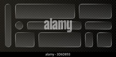 Liquid glass frames and buttons set isolated on transparent background. Vector realistic illustration of glass morphism text boxes, menu windows, search bars, website or mobile app ui design elements Stock Vector