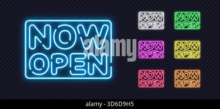 Set of glowing neon Now Open signs in multiple colors on a transparent background. Perfect for advertising shops, restaurants, and modern digital Stock Vector
