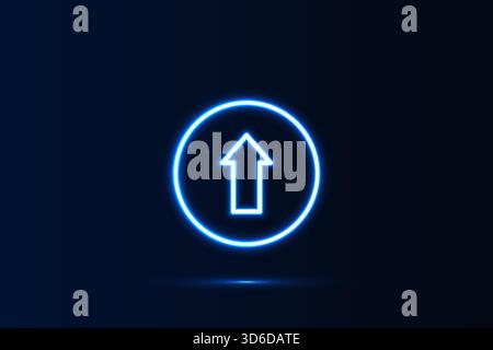 Bright glowing neon outline of an upward pointing arrow inside a circle on a deep dark blue background, Represents upload, growth, progress, success a Stock Vector