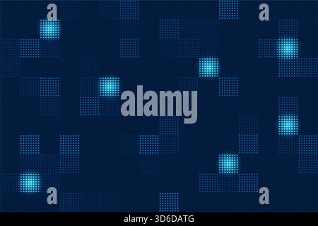 Dark blue abstract background with a seamless halftone pixel pattern, Features dotted squares and glowing light spots, Represents data, tech and conne Stock Vector