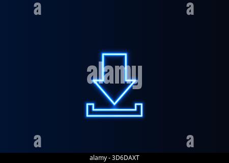 Bright blue neon download arrow symbol on a dark background, representing data transfer and digital access Stock Vector