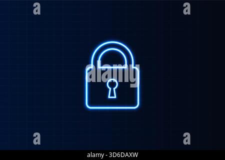 Bright blue glowing neon outline of a closed padlock icon on a dark wireframe background, Represents cyber security, login, safety and secured access Stock Vector